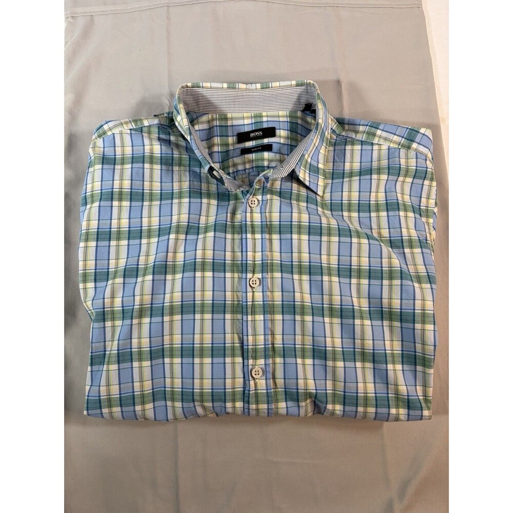 BOSS Slim Fit Plaid Shirt Men XL Long Sleeve Cotton Very Nice EUC